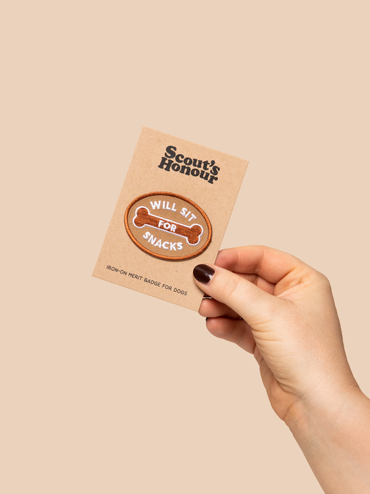 Will Sit For Snacks iron-on patch for dogs